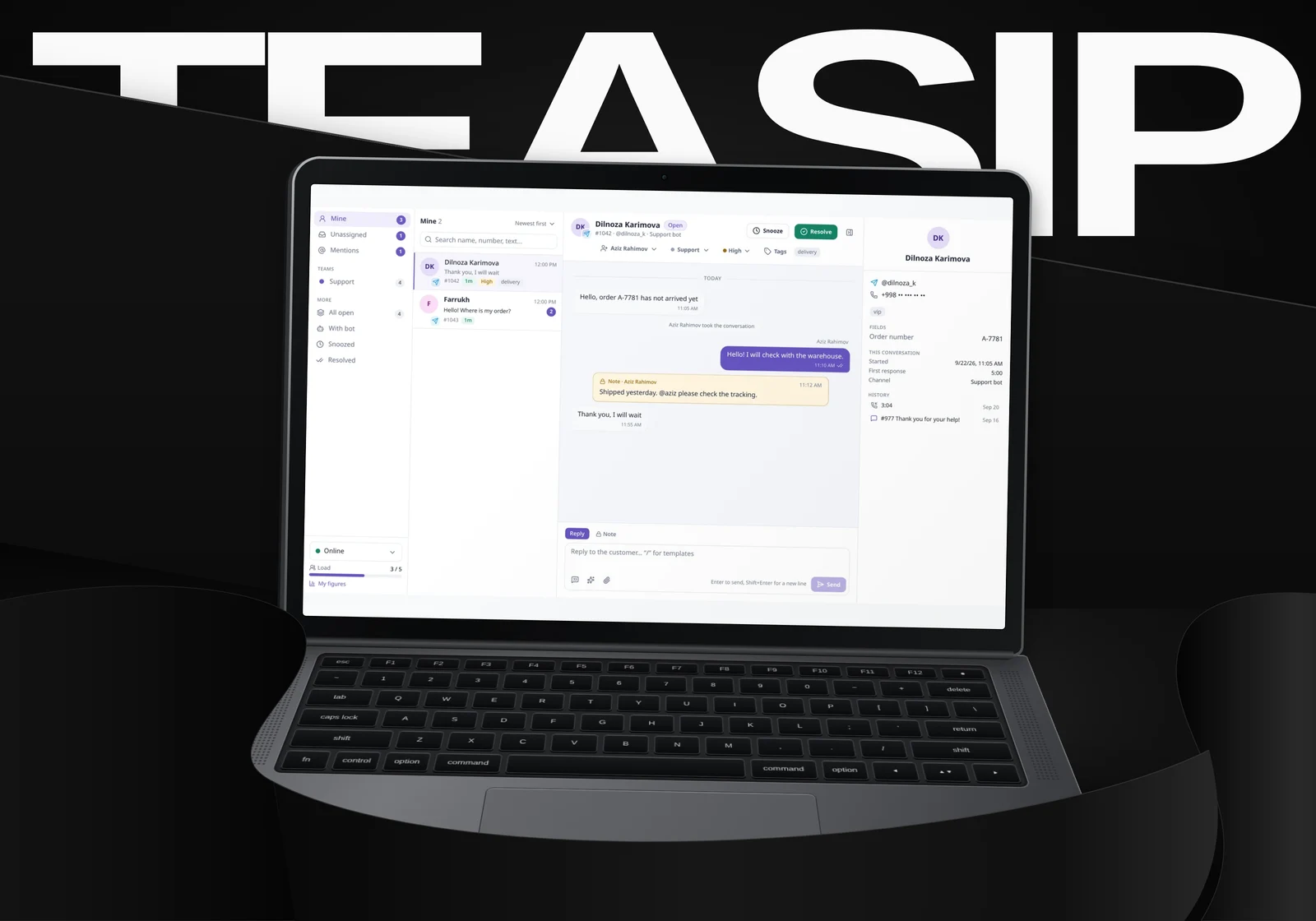 TeaSIP - Shared inbox and team workflows on a laptop screen, demonstration data