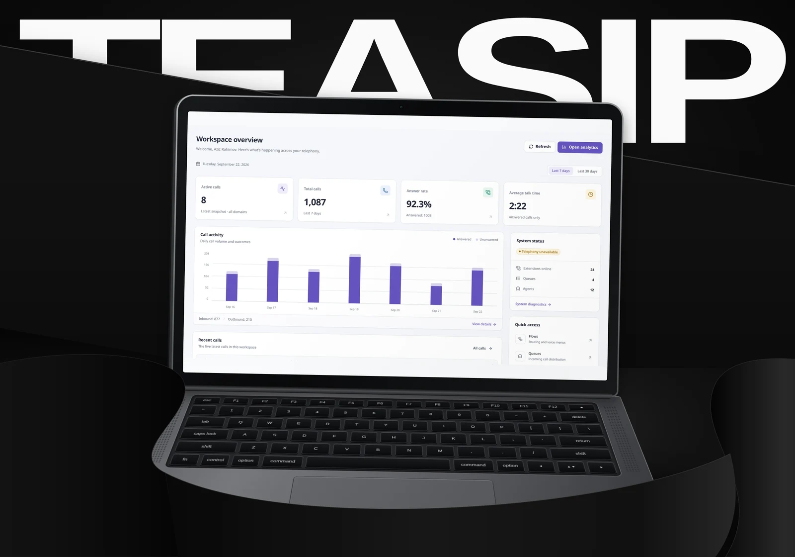 TeaSIP - Platform overview on a laptop screen, demonstration data