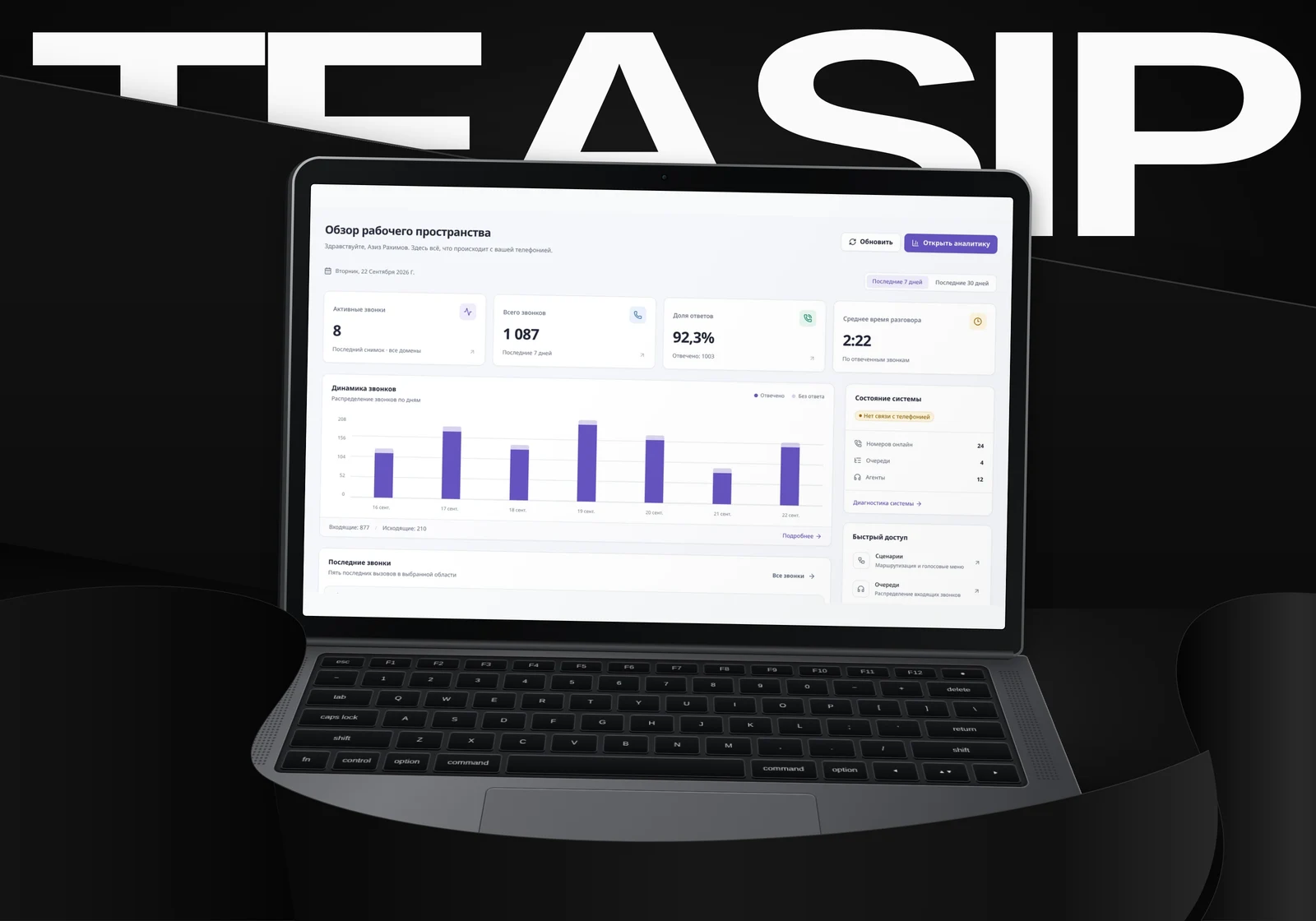 TeaSIP - Обзор платформы на экране ноутбука, демонстрационные данные